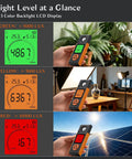 Plant Grow Lux Meter 0 To 200000 Lux, 0 To 20000 FC, 3 Color Backlit LCD, High Precision For Plants, 0.5s Sampling, Stable Readings To Fine Tune Your Grow Lights And Maximize Photosynthesis. Handheld meter shown with green, orange, and red display modes in plant, studio, and solar light scenes.