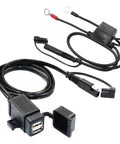 Waterproof Go-To Motorcycle Dual USB Charger Kit with SAE to USB adapter cable and ring terminal harness, black cables