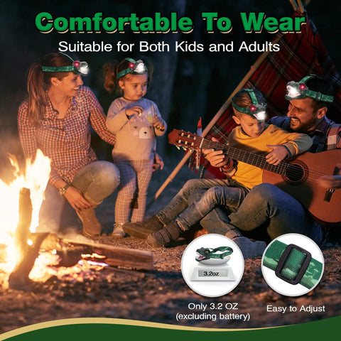 Family camping with Kids Dinosaur Themed LED Headlamp With T Rex Design, glowing eyes visible, child wearing headlamp at campfire