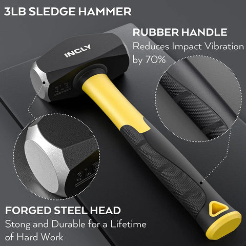 3lb sledge hammer with rubber handle and forged steel head part of 8 Piece Rock Hounding Gear Kit With 3lb Sledge And 32oz Rock Hammer