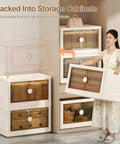 Rolling Collapsible Storage Bins with Lids and Wheels stacked in cabinet, showcasing plastic design and lockable doors.