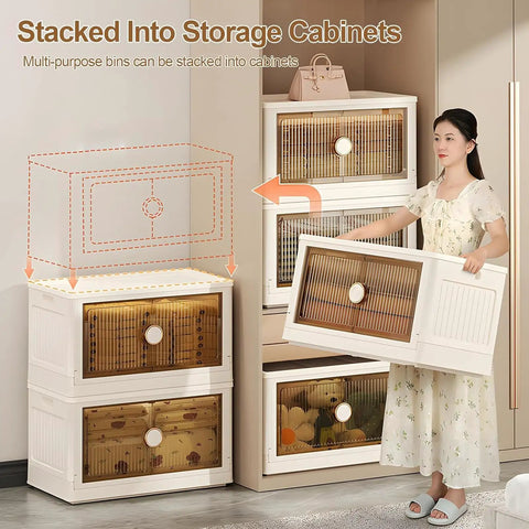 Rolling Collapsible Storage Bins with Lids and Wheels stacked in cabinet, showcasing plastic design and lockable doors.
