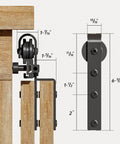 8Ft Bypass Mini Sliding Barn Door Hardware Kit for Two Doors, detailed view of black powder-coated steel track and roller
