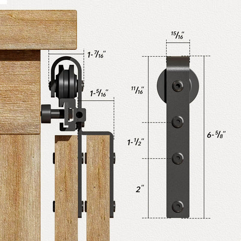 8Ft Bypass Mini Sliding Barn Door Hardware Kit for Two Doors, detailed view of black powder-coated steel track and roller