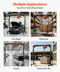 Heavy Duty Gantry Crane With 2200 Lb Capacity And Electric Hoist lifting engine in auto repair shop, adjustable height, portable design.