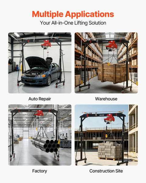 Heavy Duty Gantry Crane With 2200 Lb Capacity And Electric Hoist lifting engine in auto repair shop, adjustable height, portable design.