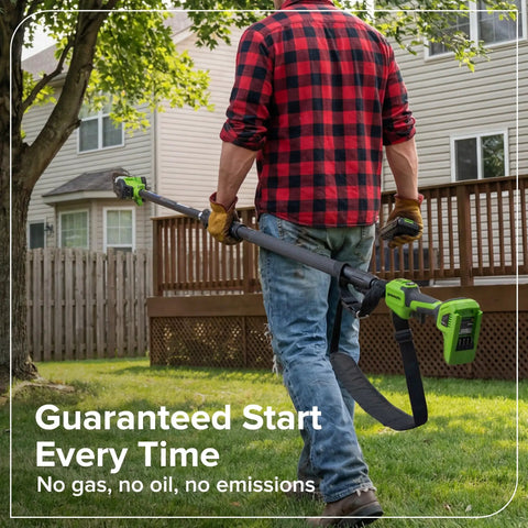 Man using Heavy Duty 24V Brushless Cordless Pole Saw With Eight Inch Guide Bar in backyard for pruning branches.