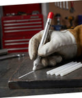 Worker using Soapstone Marking Pencil with Aluminum Holder for Welding Supplies, Pro Grade Metalworking Tool for Precise Layouts