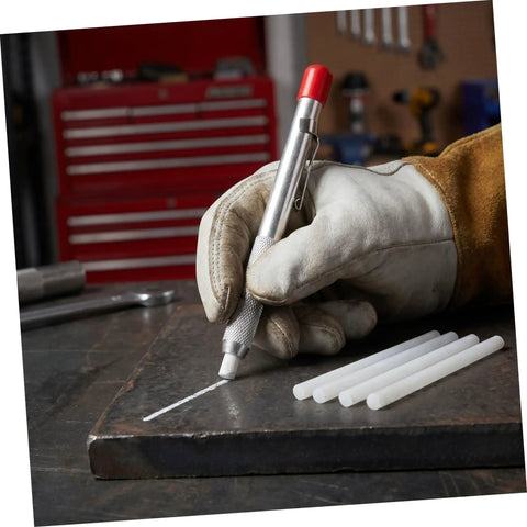 Worker using Soapstone Marking Pencil with Aluminum Holder for Welding Supplies, Pro Grade Metalworking Tool for Precise Layouts
