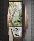 Heavy Duty Aluminum Door Handle For Interior And Exterior Use, Dual Sided Push Pull Barn Style Door Handle For Sliding Glass Doors, Front Door, Bathroom Or Kitchen, Rose Gold, 39.4 Inch Length. Visible side and back-to-back installation with intricate design details.