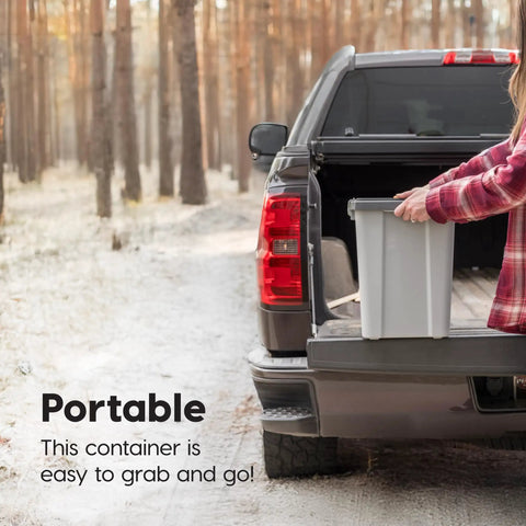 Stackable Dog Food Storage Container With Airtight Gasket Seal And Four Latches Keeps Your Pet Chow Fresh Holds Up To 30 Lbs Of Dry Food Includes 2 Cup Scoop And Easy Measure Lid BPA Free Gray being loaded into truck