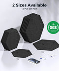 Cut Through Echo Chaos With Heavy Duty Self Adhesive Acoustic Panels Ultra High Density Polyester Sound Absorbing Foam Hexagon Wall Tiles Snaps Right Up To Tighten Room Sound Block Reverb And Level Up Any Space Quick Black Large showing two sizes of black hexagon acoustic foam tiles, 12 pieces per pack.