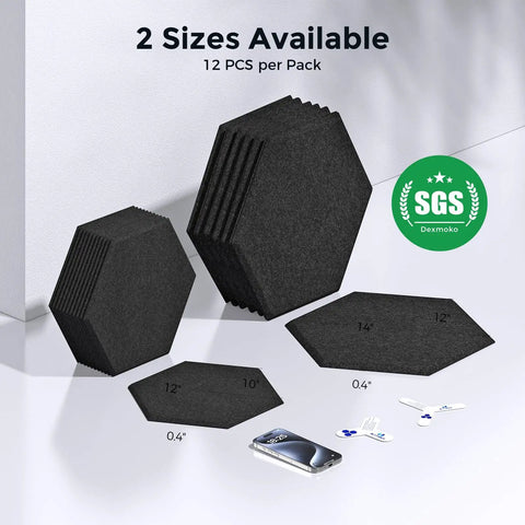 Cut Through Echo Chaos With Heavy Duty Self Adhesive Acoustic Panels Ultra High Density Polyester Sound Absorbing Foam Hexagon Wall Tiles Snaps Right Up To Tighten Room Sound Block Reverb And Level Up Any Space Quick Black Large showing two sizes of black hexagon acoustic foam tiles, 12 pieces per pack.