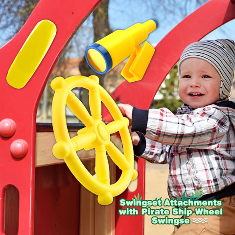 Child playing with Pirate Ship Steering Wheel And Telescopes 3 Pack For Kids Plastic Swingset Accessories in yellow.