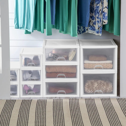 6 Pack 16 Quart Stacking Storage Drawers For Closet Organization, clear plastic modular drawers with white frame, stacked with clothes