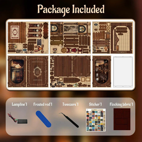 DIY 3D Wooden Book Nook Kit For Adults Teens And Beginners A Miniature Tiny House For Bookshelf Decor An Awesome Gift For Book Lovers Family Friends And Library Enthusiasts Easy Build In One To Two Hours package components shown
