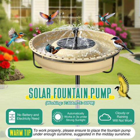 Extra Large Solar Powered Bird Bath With Fountain Kit For Your Backyard 1.67 Gallon Capacity 5 Prong Stake Design Hummingbird Drinking Bowl Solar Pump Set Four Water Patterns To Attract Birds with birds flying around.