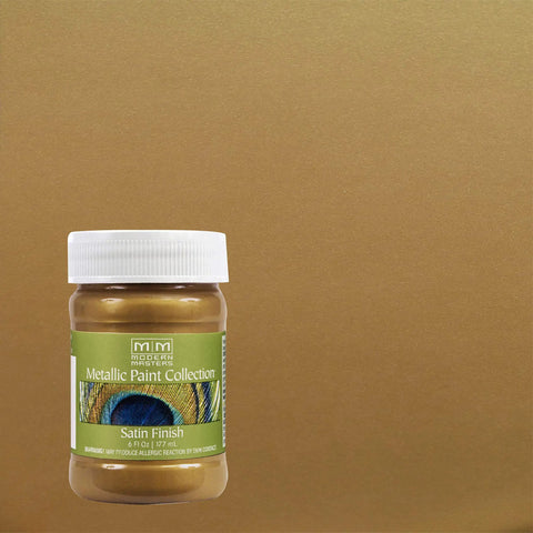 Brass Metallic Satin Paint 6 Oz Water Based Interior Finish With Low VOC Intermixable Formula jar on brass background