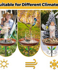 Metal Bird Bath And Feeder Stand For Outdoors in use during different seasons, with detachable birdbath and hummingbird reliefs.