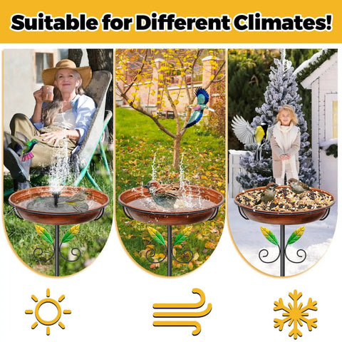 Metal Bird Bath And Feeder Stand For Outdoors in use during different seasons, with detachable birdbath and hummingbird reliefs.