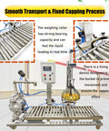 Efficient Heavy Duty Semi Automatic Liquid Filling Machine For Paint And Water With Digital Scale Weighing Hassle Free Cap Sealer 3 In 1 Plug And Play 110V Bucket System, showcasing weighing roller and fixed capping process.