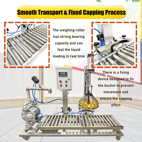 Efficient Heavy Duty Semi Automatic Liquid Filling Machine For Paint And Water With Digital Scale Weighing Hassle Free Cap Sealer 3 In 1 Plug And Play 110V Bucket System, showcasing weighing roller and fixed capping process.
