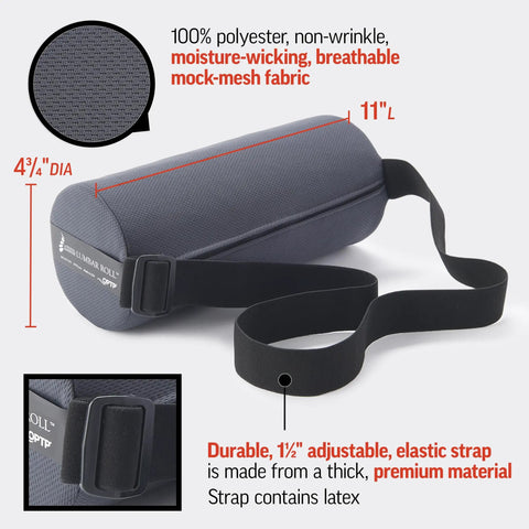 The Original McKenzie Lumbar Roll Standard Density Low Back Support Pillow with adjustable strap, fabric texture, 11" length.