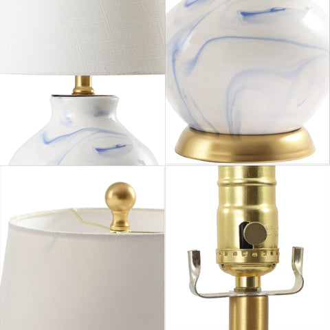 Blue and white marbleized ceramic table lamp with gold accents and white linen empire shade, contemporary traditional bedside lamp