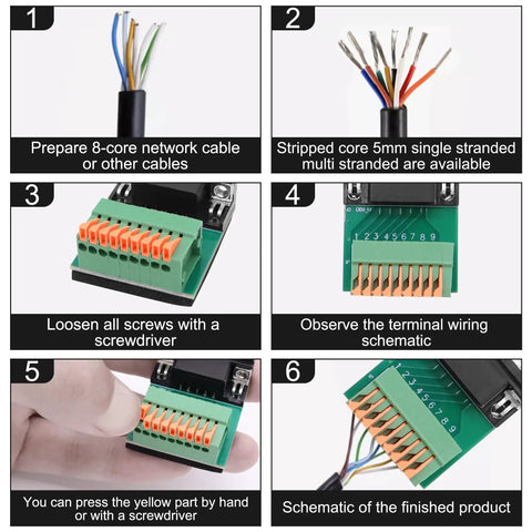 Step-by-step guide for using DB9 Solderless RS232 To 9-Pin Port Spring Terminal Breakout Adapter For Serial Devices with wiring instructions.