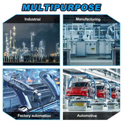 Multipurpose uses in industrial, manufacturing, factory automation, and automotive applications shown in four image grid.