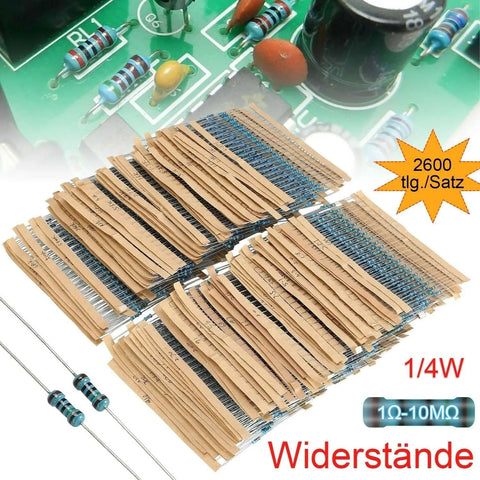 2600 Piece Resistor Kit With 130 Values 0.25W 1% Metal Film Resistors For DIY Electronics Nerds And Arduino Builders RoHS Compliant Includes Color Coded Storage Box And Quick Access Chart displayed with close-up of components.