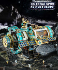 Space Station Rotating Mechanical Puzzle Kit With Lights And Motor, 511 Piece 3D STEM Project For Adults, Sci Fi Bookshelf Decor, Interactive Build For Beginners, A Totally Sick Gift For Men Women Teens 14 Plus, assembled turquoise and gold model