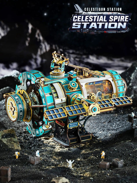 Space Station Rotating Mechanical Puzzle Kit With Lights And Motor, 511 Piece 3D STEM Project For Adults, Sci Fi Bookshelf Decor, Interactive Build For Beginners, A Totally Sick Gift For Men Women Teens 14 Plus, assembled turquoise and gold model