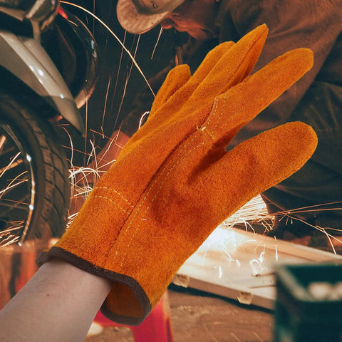 Full Leather Short Welding Gloves for Men, Heat Resistant and Abrasion Resistant Hand Protection in workshop