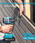 Person using Cordless Impact Driver Kit With 21V Max Torque 1590 In-Lbs And 0-2500 RPM, 1/4 Inch Hex Chuck, Includes Two 2.0Ah Batteries And 20-Piece Drill Bit Set on wood paneling.