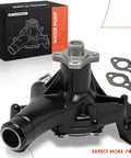 Beefed Up Water Pump With Gasket For Chevy GMC Cadillac Oldsmobile Isuzu Cars And Vans Fits Silverado Sierra Express Suburban Yukon Savana NPR 96 To 14 OHV 4.3L 5.0L 5.7L Engines front view with gasket