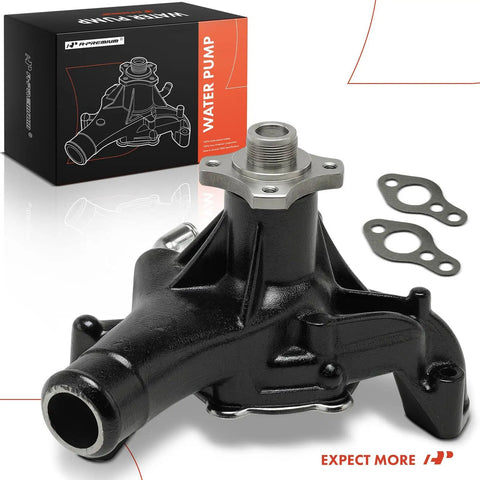 Beefed Up Water Pump With Gasket For Chevy GMC Cadillac Oldsmobile Isuzu Cars And Vans Fits Silverado Sierra Express Suburban Yukon Savana NPR 96 To 14 OHV 4.3L 5.0L 5.7L Engines front view with gasket