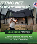 Man practicing golf swing using 10x10x10 Golf Net Cage With Target For Indoor And Outdoor Practice in backyard setup