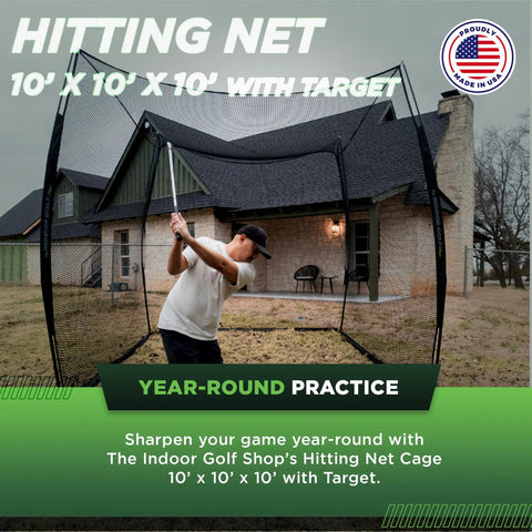 Man practicing golf swing using 10x10x10 Golf Net Cage With Target For Indoor And Outdoor Practice in backyard setup