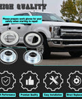 Front view of Ford Super Duty front axle seal kit; two silver metal vacuum shaft seal rings