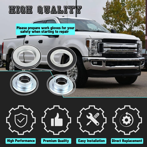 Front view of Ford Super Duty front axle seal kit; two silver metal vacuum shaft seal rings