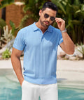 Man wearing Mens Knit Polo Shirt Short Sleeve Golf Polo With Classic Fit Lightweight Textured Knit Ribbed Hem Banded Bottom