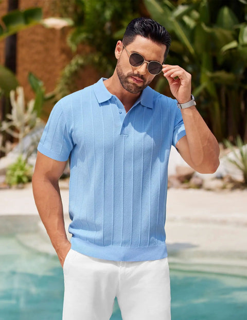 Man wearing Mens Knit Polo Shirt Short Sleeve Golf Polo With Classic Fit Lightweight Textured Knit Ribbed Hem Banded Bottom