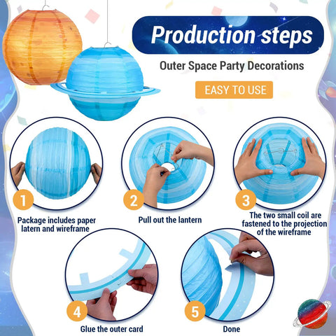 Production steps for Eight Pack 12 Inch Space Paper Lanterns With Hanging Planets, Two Sizes, solar system decorations