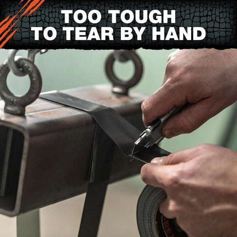 Beast-Mode Duct Tape With Forge-Link Technology being cut, depicting tough fabric and high-tack double-thick adhesive on metal bar