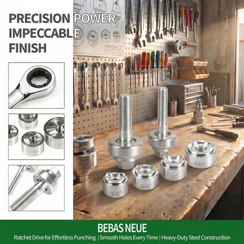 Heavy Duty Ratchet Knockout Punch Kit Includes Four Precision Dies For 1/2 To 1 1/4 Inch Electrical Conduit and Panel Hole Cutting.