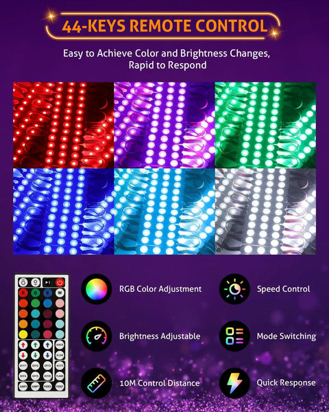 Seven color display of 50 Foot LED Light Modules For Storefronts And Signs 100 Pack 0.92W Three LED SMD RGB Waterproof Modules with remote control.