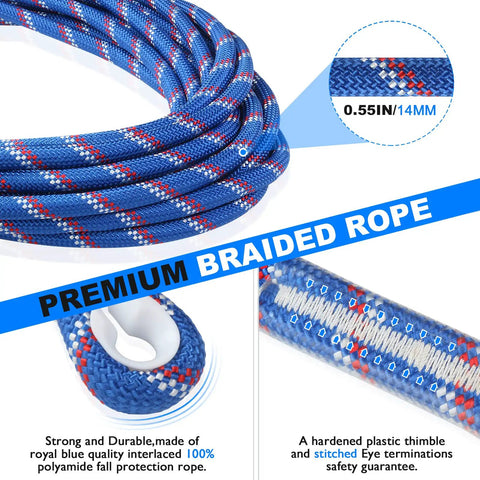 Close-up of 50 Ft Vertical Lifeline System with Dual Rope Grab Hooks showing durable braided rope details.