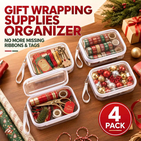 Clear Hard Shell Zipper Cases 4 Pack On The Go Travel Organizer With Wrist Strap White Hella Durable Cosmetic Pouch And Toiletry Bag A Straight Up Lifesaver For Makeup Skincare Cable Sorting. Gift wrapping supplies organized in clear cases.