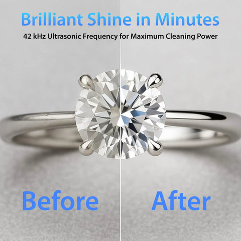 Top Notch Ultrasonic Cleaner, 20 Oz Stainless Steel Tank, Digital Timer And Five Deep Cleaning Modes For Scraping Off Stubborn Gunk On Jewelry, Glasses, Watches And Dentures So They Snap And Shine Like New - before and after cleaned diamond ring